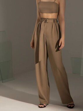 High-Waist Wide Leg Belted Pants - Silky Brown